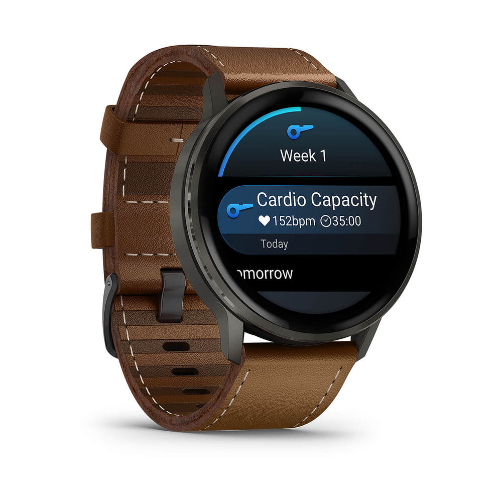 Garmin Venu 4 45mm Black Bezel Dark Brown Leather Strap Watch image number 3
