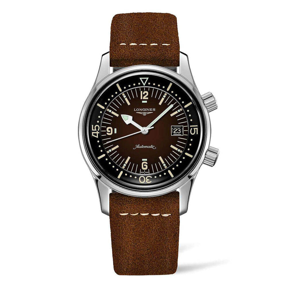 Longine Heritage Diver 42mm Brown Dial Steel Case Brown Strap Watch