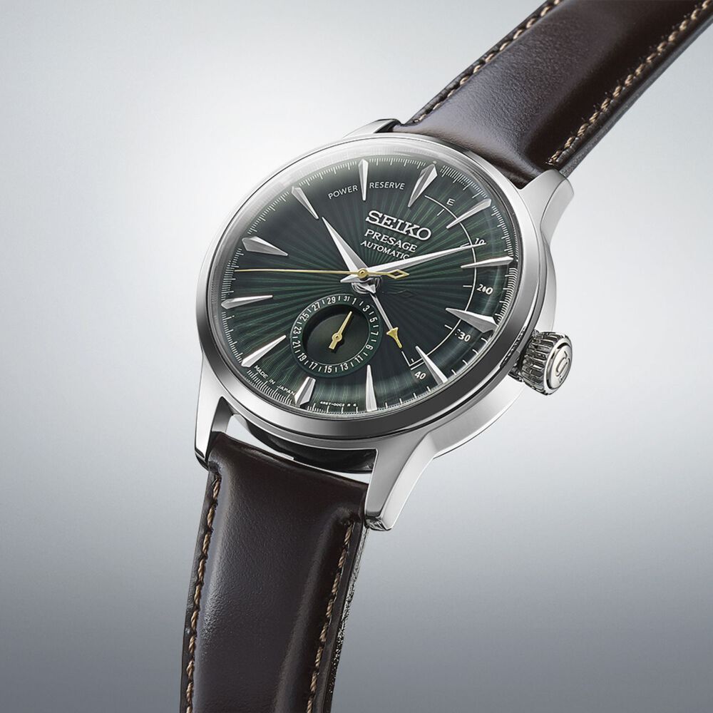 Seiko Presage 40.5mm Green Dial Steel Case Brown Strap Watch image number 1