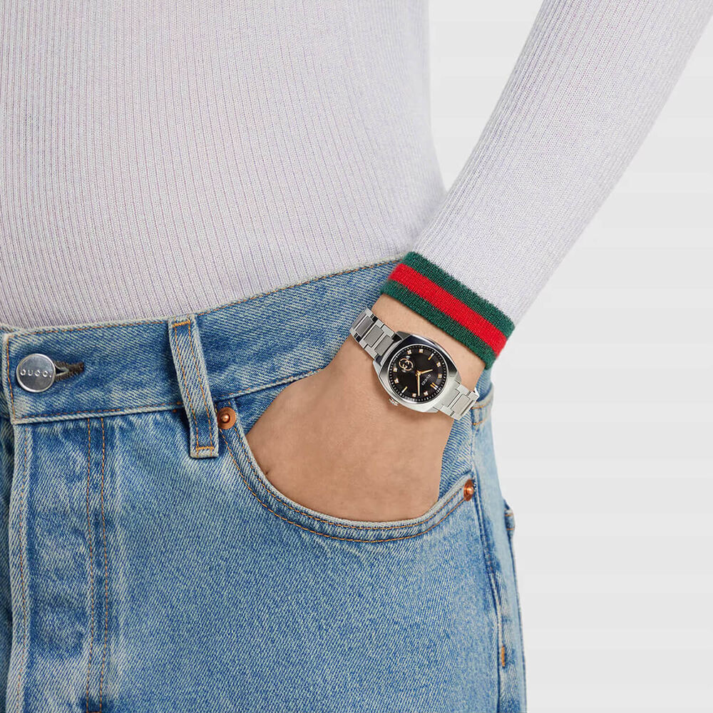 Gucci Interlocking 29mm Black Dial Diamond Dots Steel Bracelet Watch