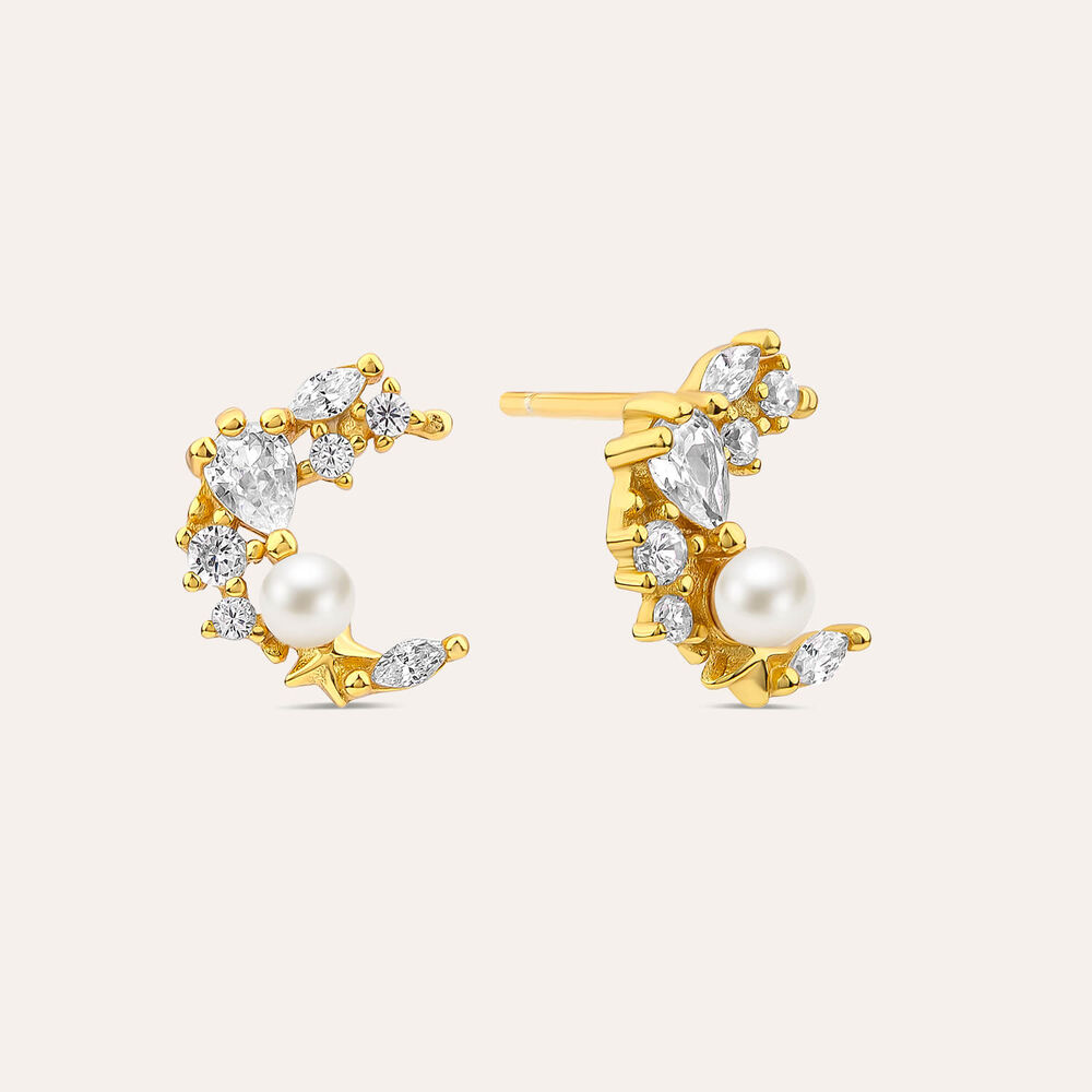 Yellow Gold Plated Sterling Silver Cubic Zirconia & Pearl Half Moon Earrings