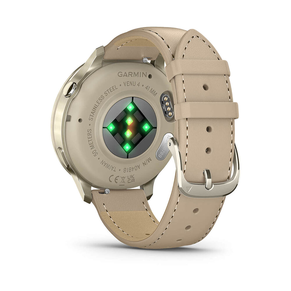 Garmin Venu 4 41mm Lunar Gold Bezel Light Sand Leather Strap Watch image number 5