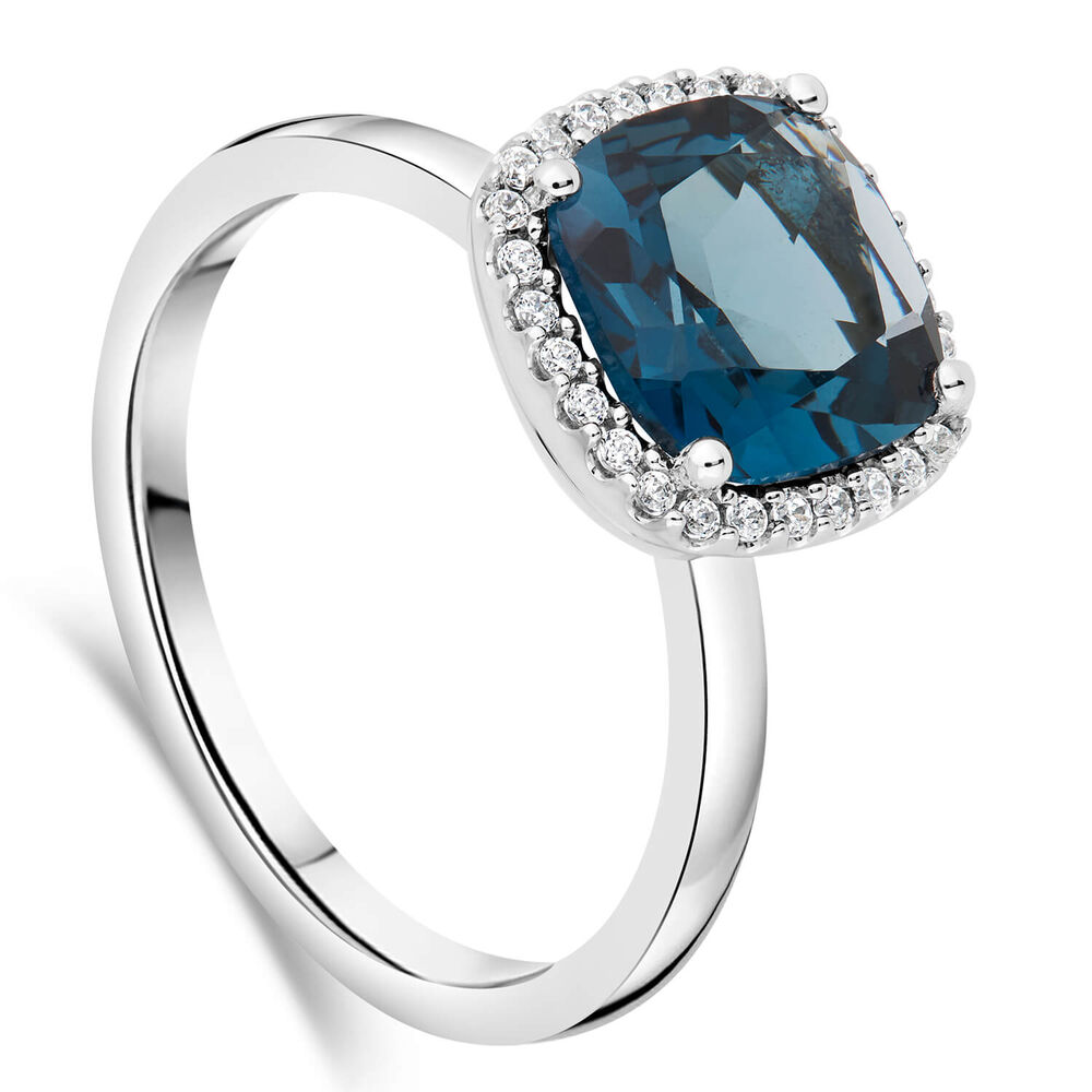 9ct White Gold Cushion London Blue Topaz Diamond Halo Ring
