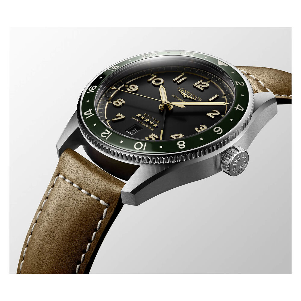 Longines Spirit Zulu 42mm Automatic Black Dial Green Bezel Brown Leather Strap Watch