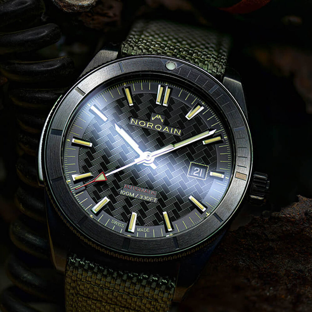 NORQAIN Adventure Sport Automatic 42mm Black Pattern Dial Khaki Fabric Strap Watch image number 3
