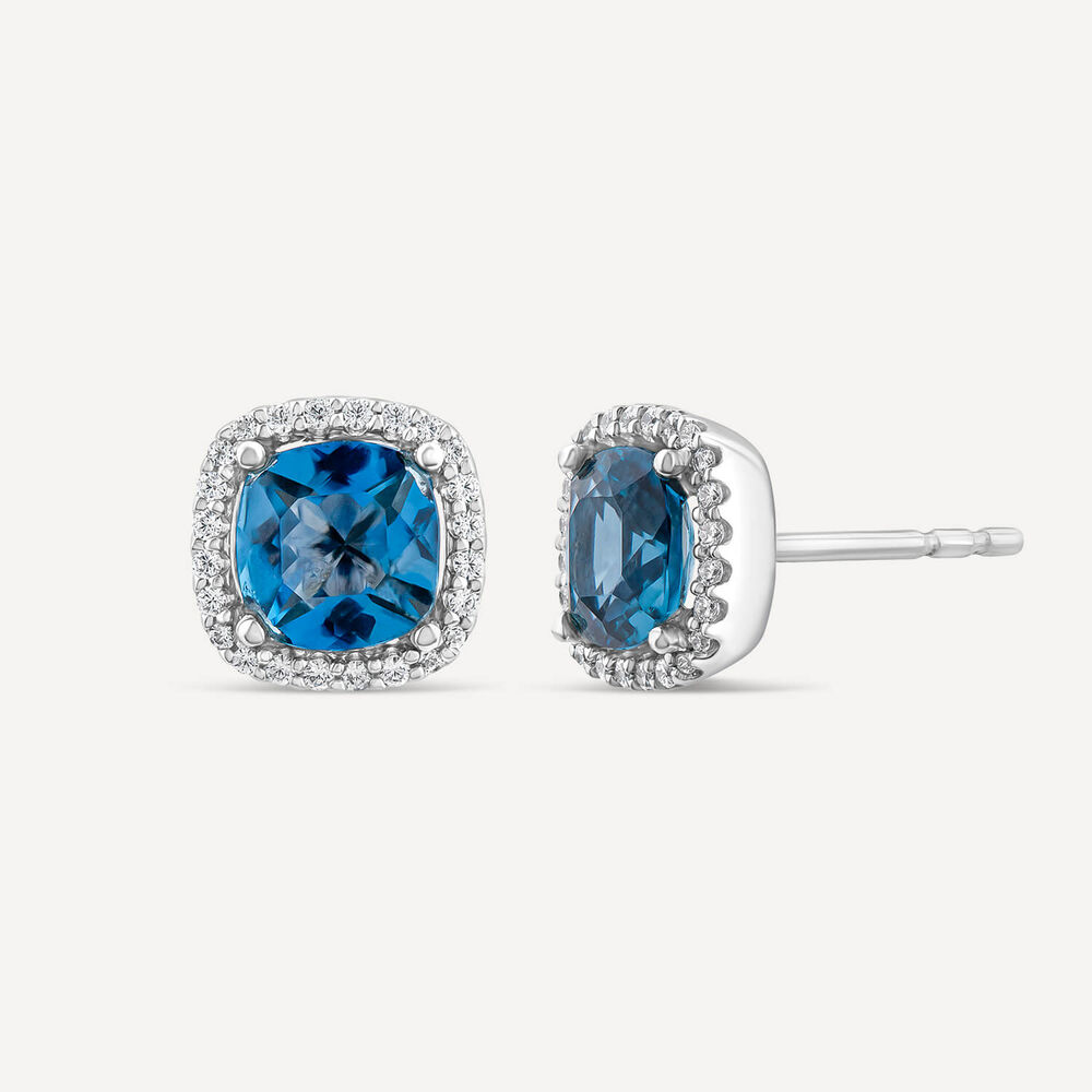 9ct White Gold Cushion London Blue Topaz & 0.15ct Diamond Stud Earrings image number 1