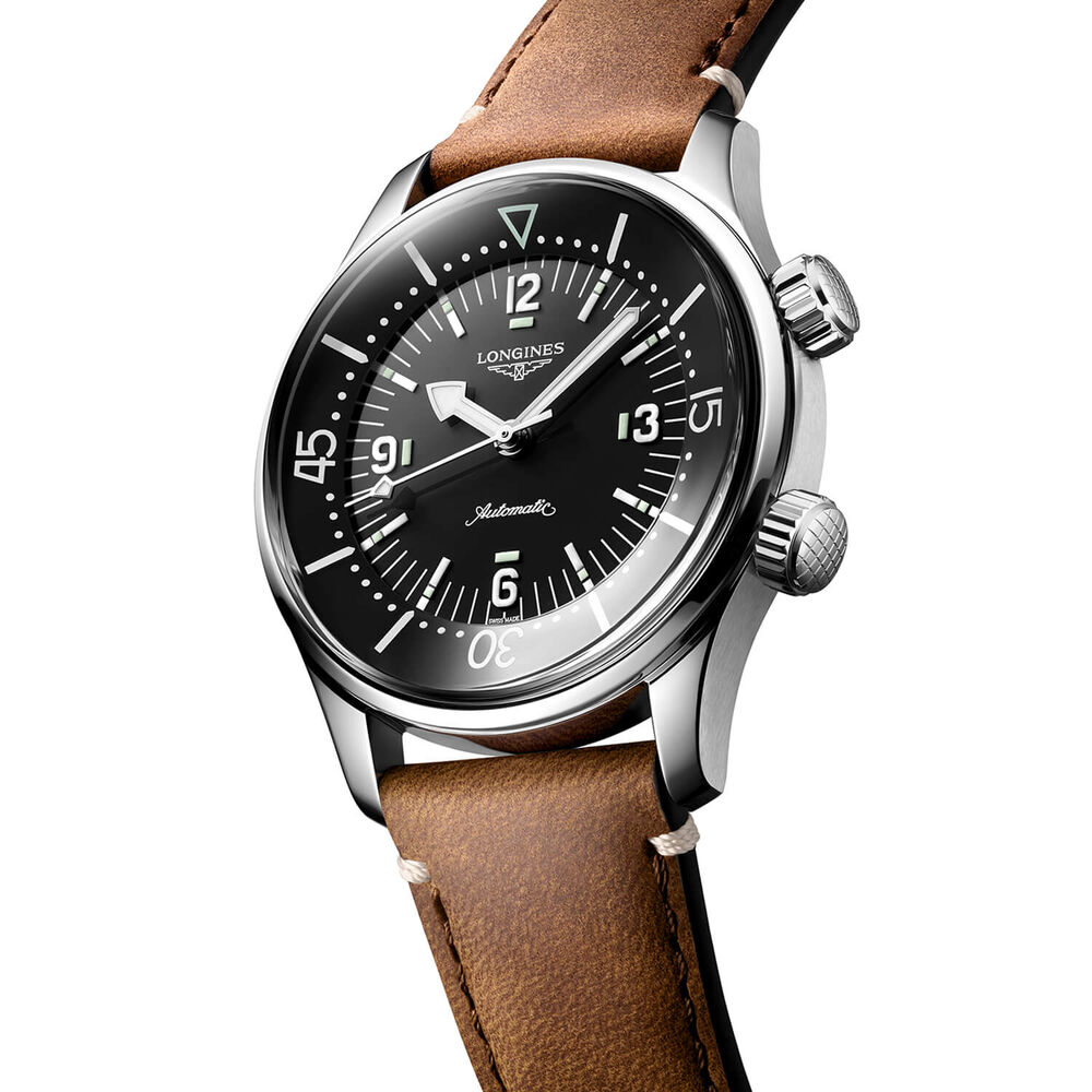Longines Legend Diver 39mm Black Dial Stainless Steel Case Brown Leather Strap Watch image number 2