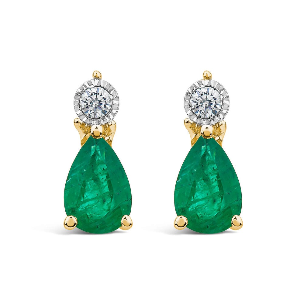 9ct Yellow Gold Pear Emerald & Diamond Top Drop Earrings image number 0