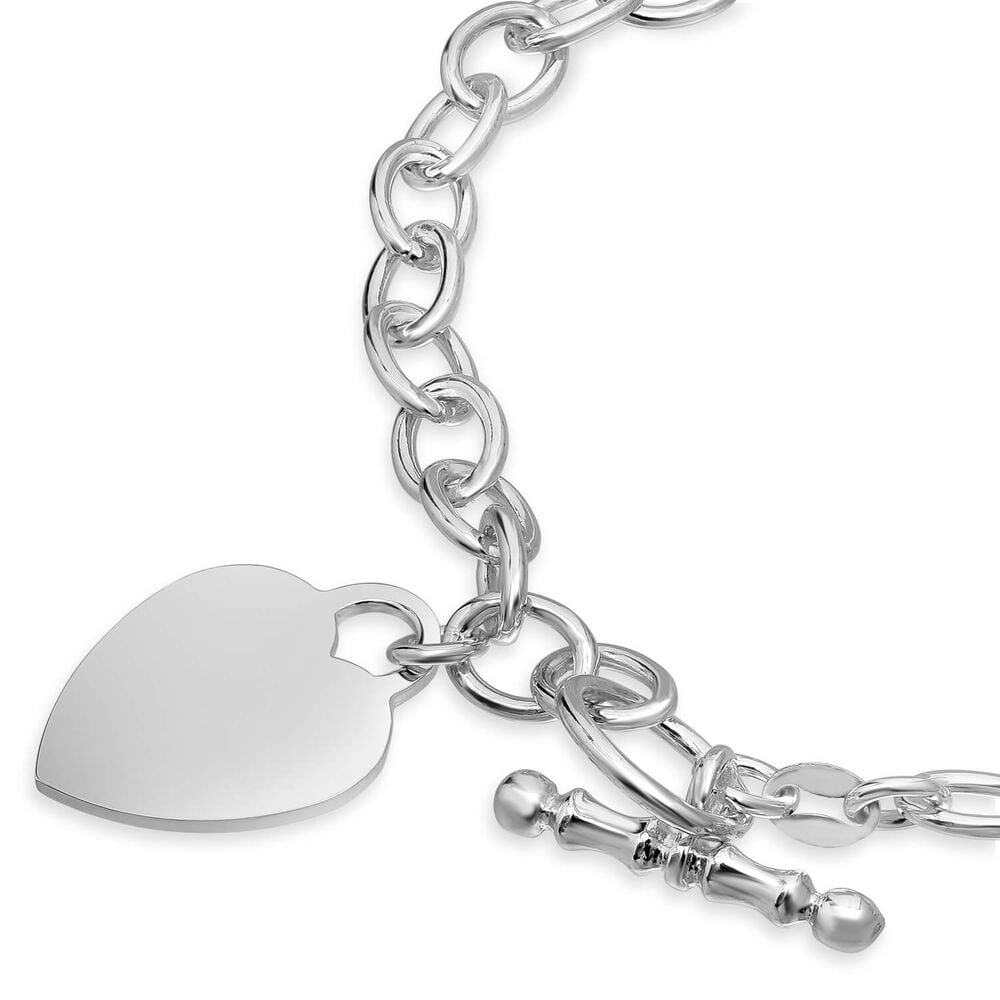 Sterling Silver Heart Charm Curb T-bar Bracelet
