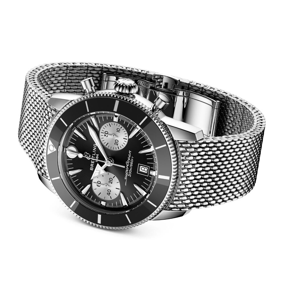 Breitling Superocean Heritage B01 Chronograph 42mm Black Dial Mesh Steel Bracelet Watch image number 2