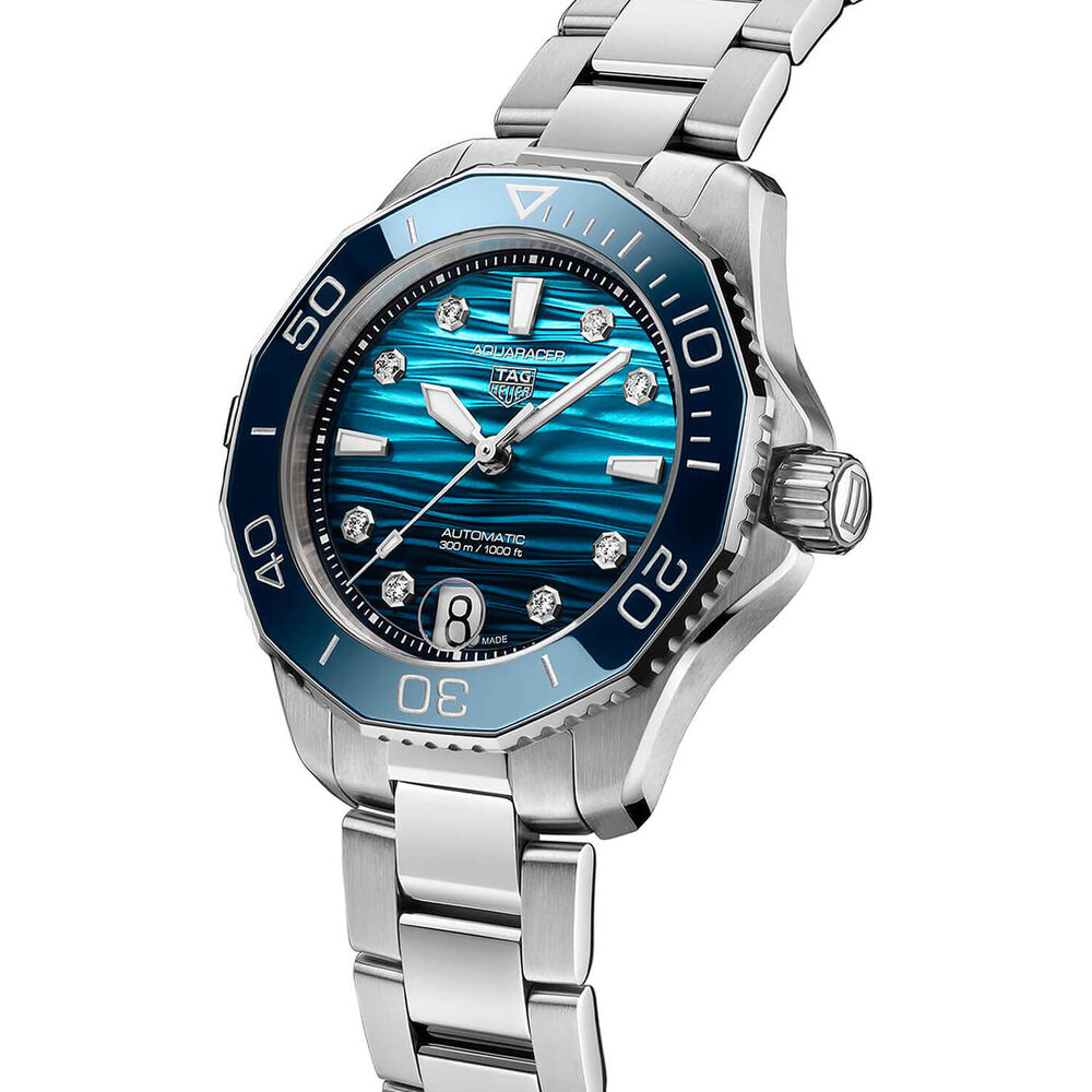 TAG Heuer Aquaracer Professional 300 Date 36mm Blue Dial Diamond Dots Steel Bracelet Watch