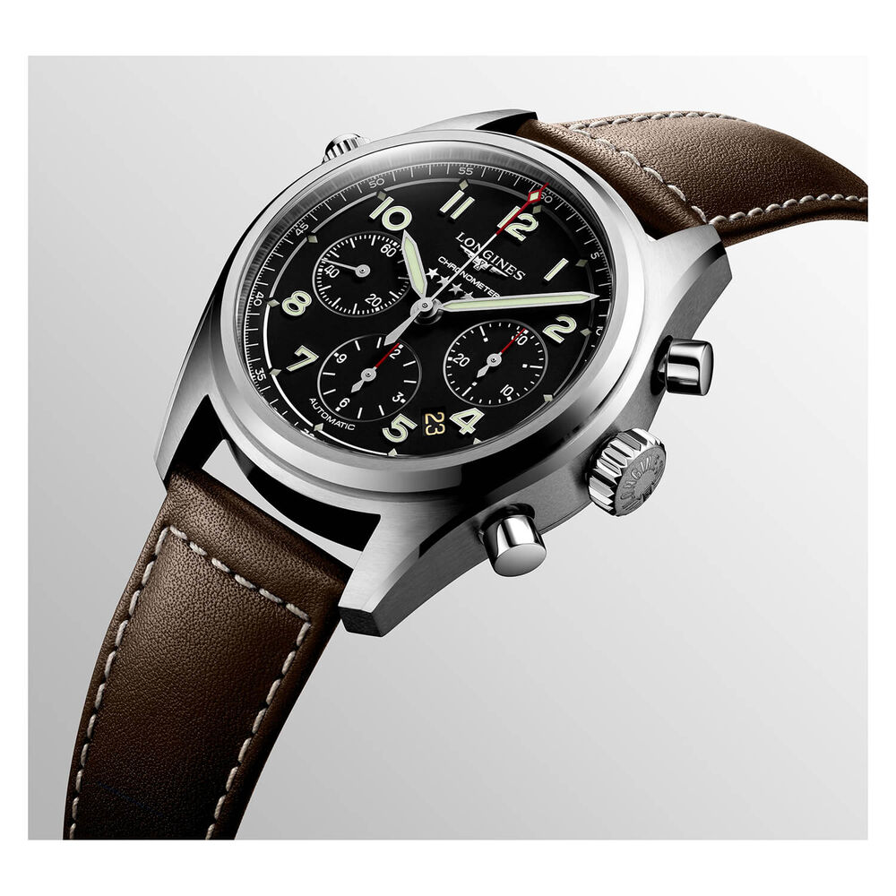 Longines Avigation Spirit 42mm Black Steel Case Brown Strap Watch