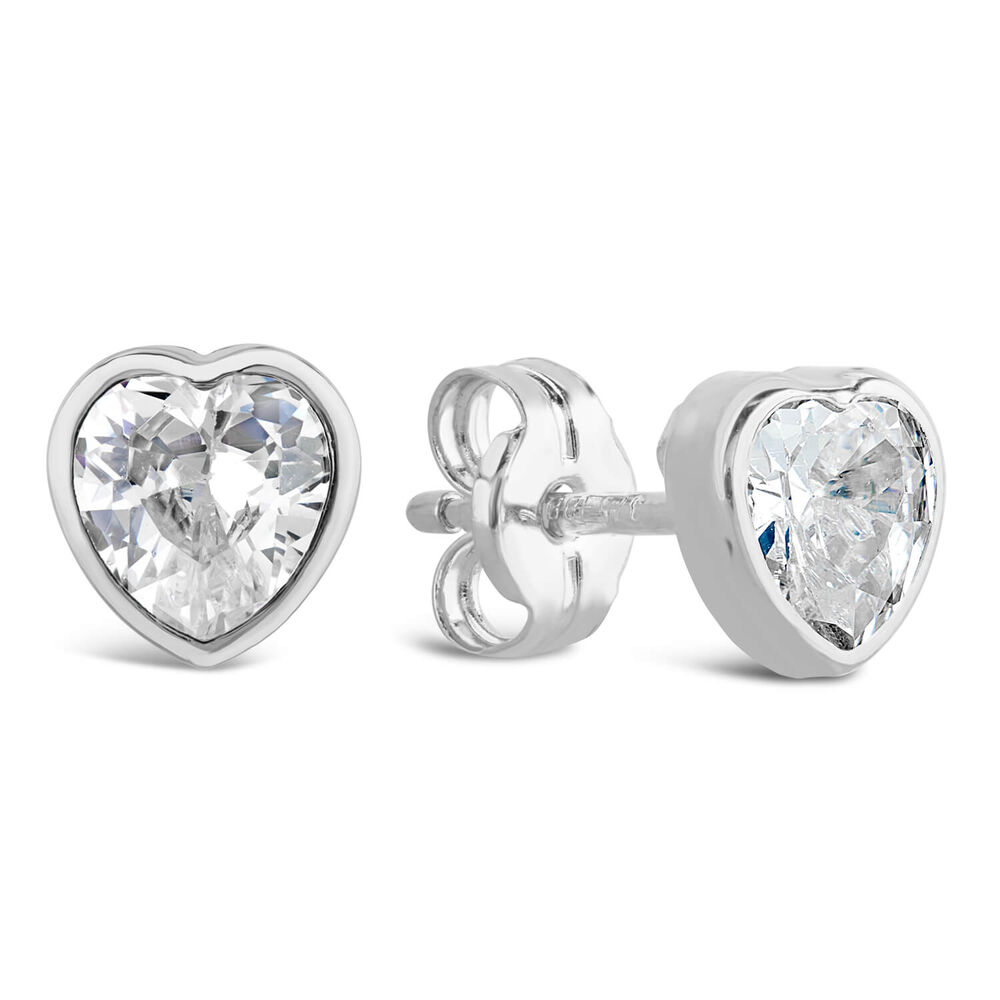9ct White Gold Cubic Zirconia Heart Stud Earrings image number 1