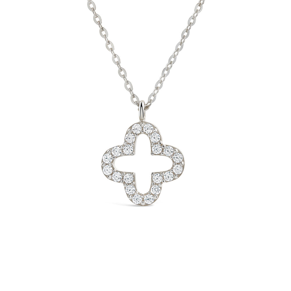 9ct White Gold Cubic Zirconia Set Open Clover Petal Pendant