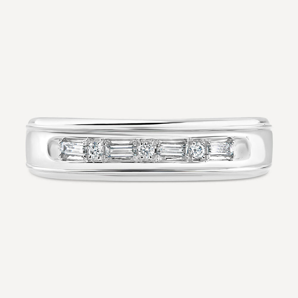 9ct White Gold 0.15ct Round & Baguette Diamond Set Band Ring