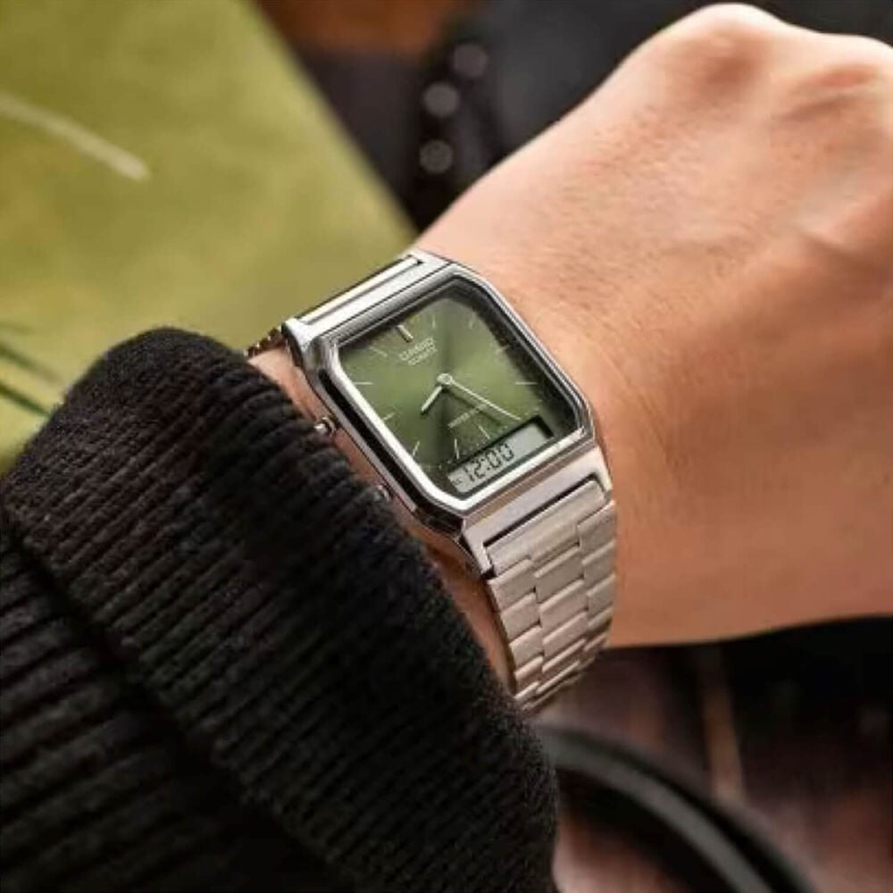 Casio Vintage 38.8x29.8mm Green Dial Dual Dispay Stainless Steel Bracelet Watch