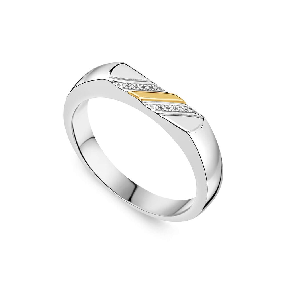 Gents Sterling Silver & 9ct Yellow Gold Flat Top 2 Line 0.002ct Diamond Set Ring image number 0