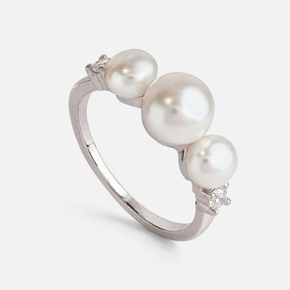 Sterling Silver 3 Freshwater Pearls Cubic Zirconia Sides Ring