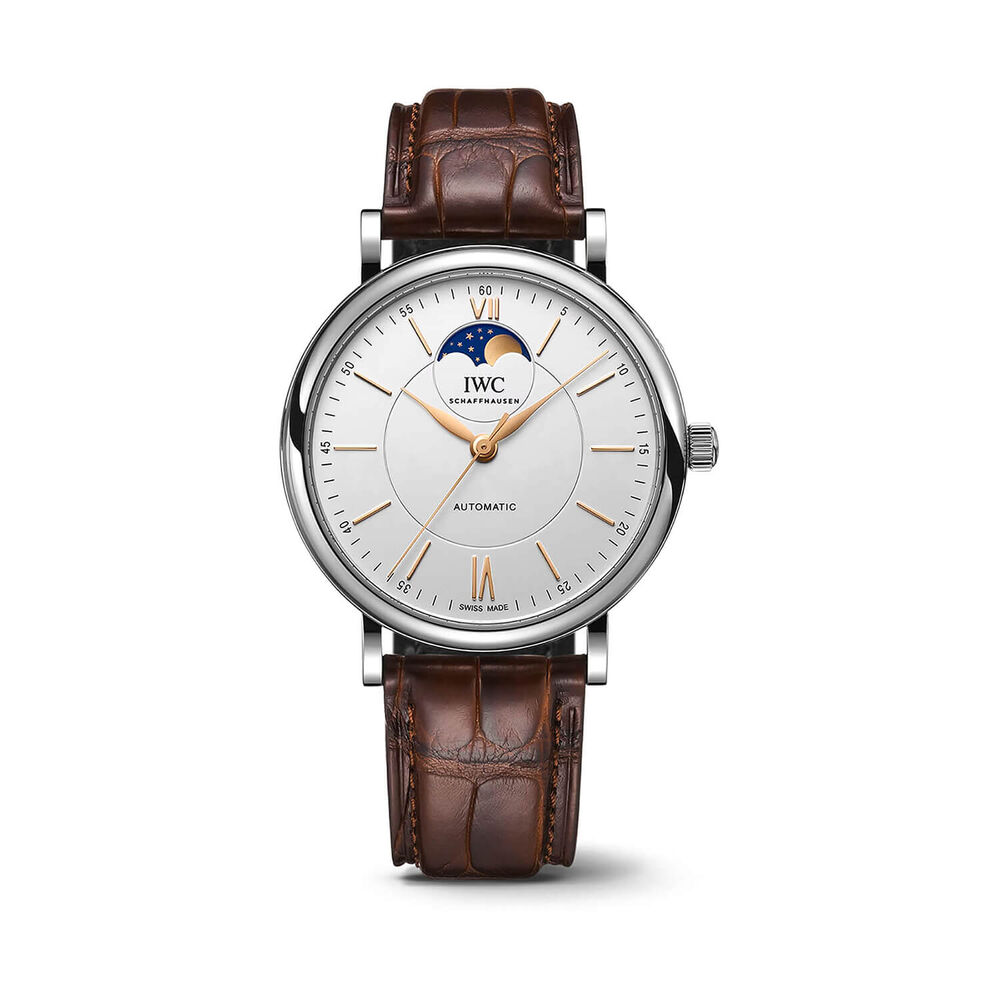 IWC Schaffhausen Portofino Automatic Moon Phase 40mm Silver Dial Brown Leather Strap Watch image number 0
