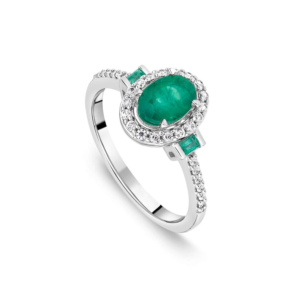 9ct White Gold Oval Emerald Centre & Side 0.20ct Diamond Halo & Shoulders Ring image number 0