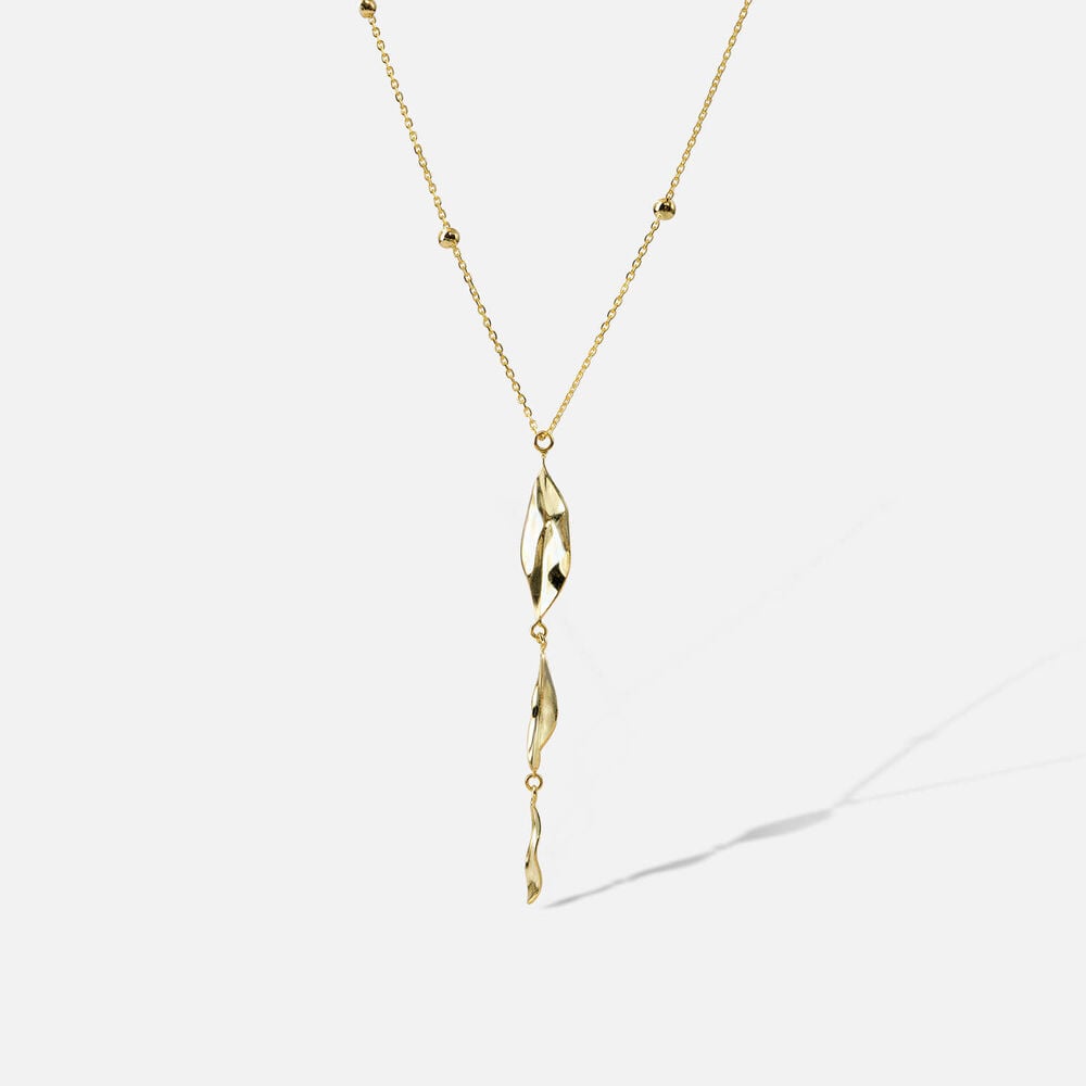 9ct Yellow Gold Beaded Chain 3 Polished Leaves Necklet