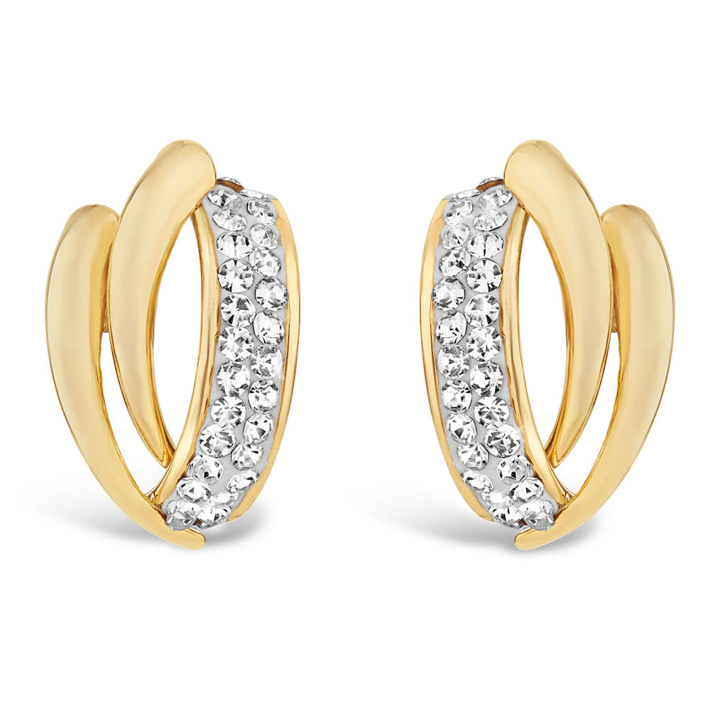 9ct Gold Pave Crystal Three Strand Curve Stud Earrings image number 0
