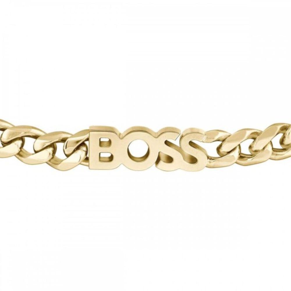 BOSS Kassy Yellow Gold Curb Chain Logo Stainless Steel Bracelet