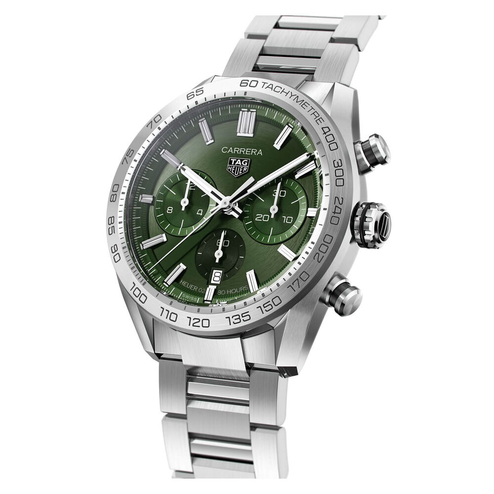 TAG Heuer Carrera 44mm Green Dial Chrono Steel Case Bracelet Watch image number 2