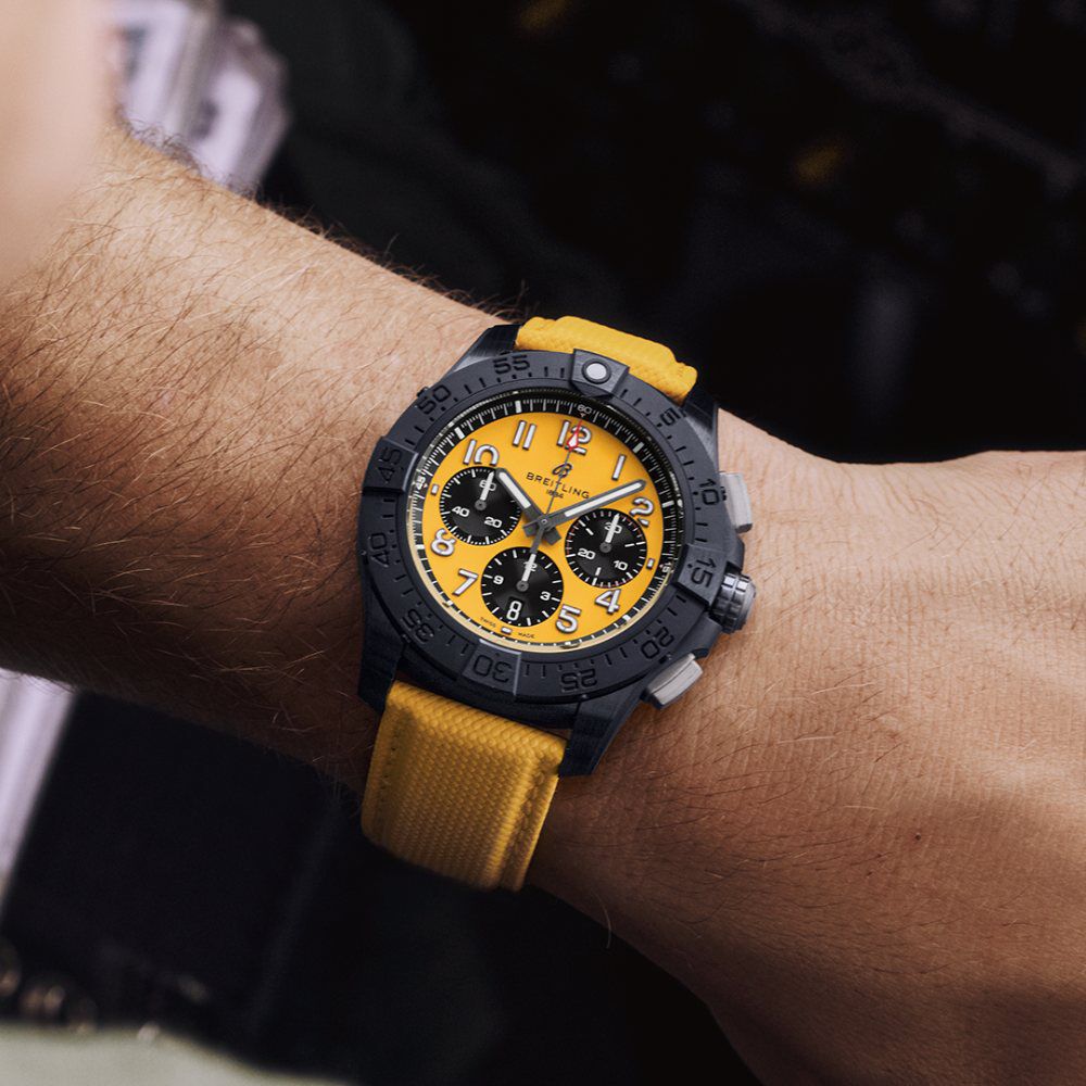 Breitling Avenger B01 Chronograph 44mm Yellow Dial & Black Ceramic Case Leather Strap Watch image number 3