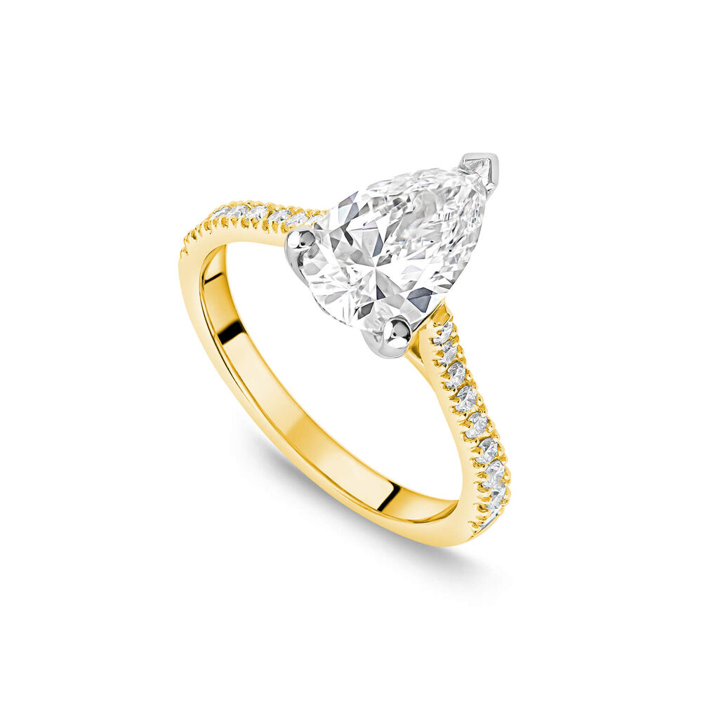 Born 18ct Yellow Gold Lab Grown 1.70ct Pear Solitaire & Diamond Sides Ring image number 0
