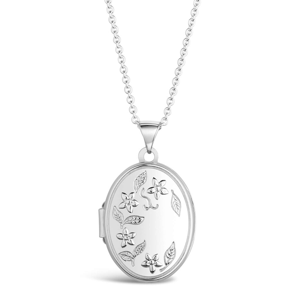 Silver engraved oval flower locket (Chain Included) image number 0