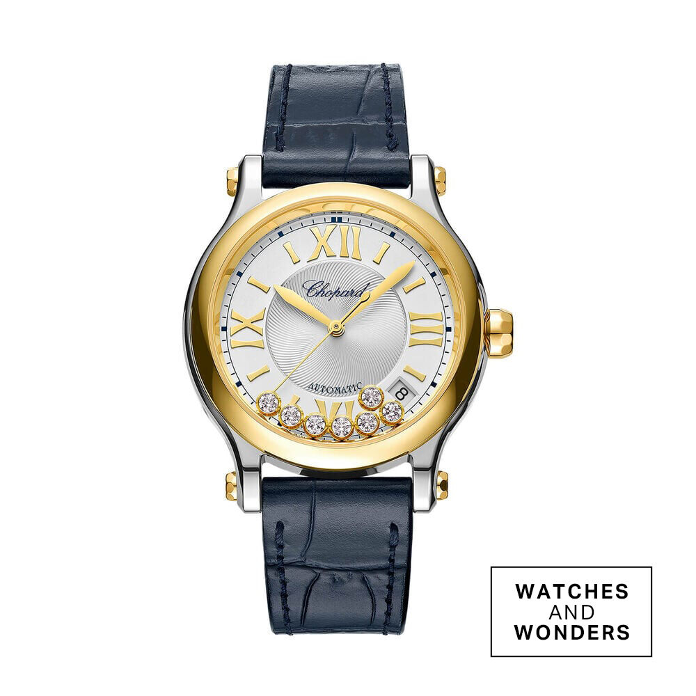 Chopard Happy Sport 36mm Silver Dial 0.35ct Diamonds 18ct Gold Case Blue Leather Strap Watch