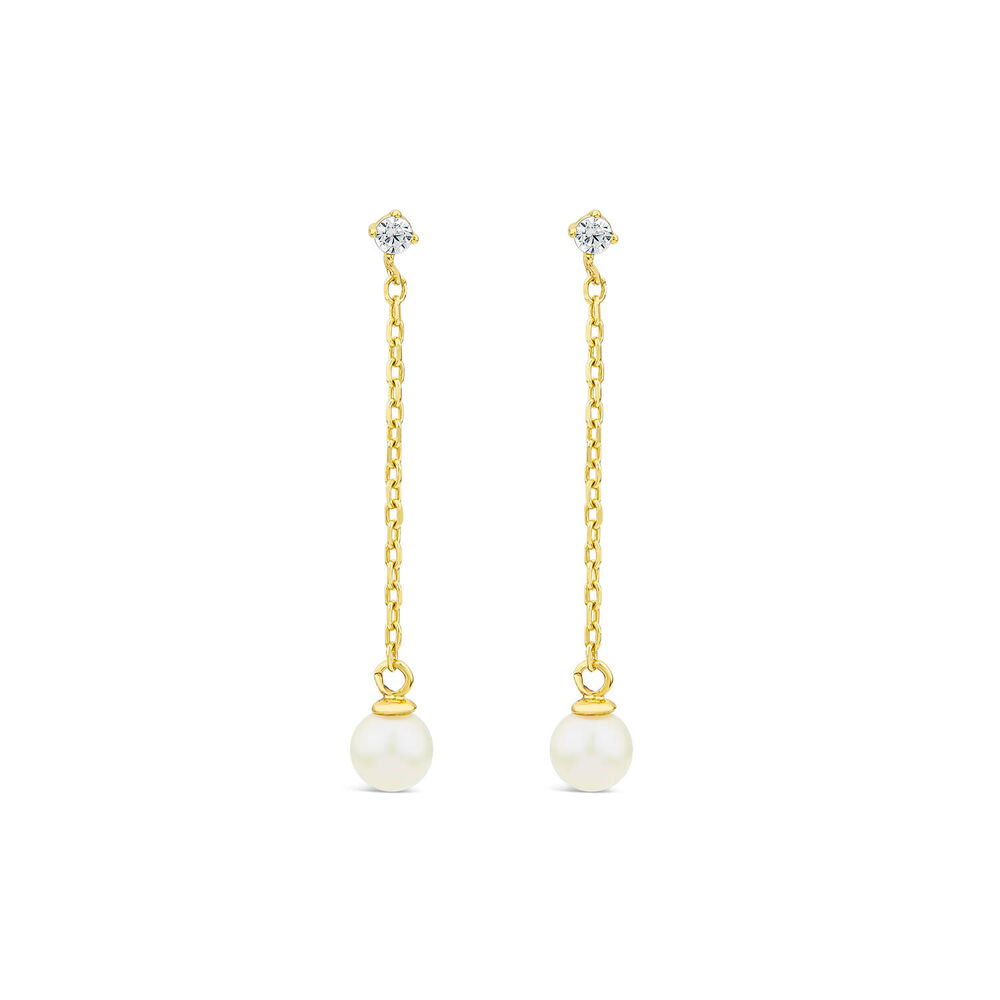 9ct Yellow Gold Cubic Zirconia Top & Chain Pearl Drop Earrings