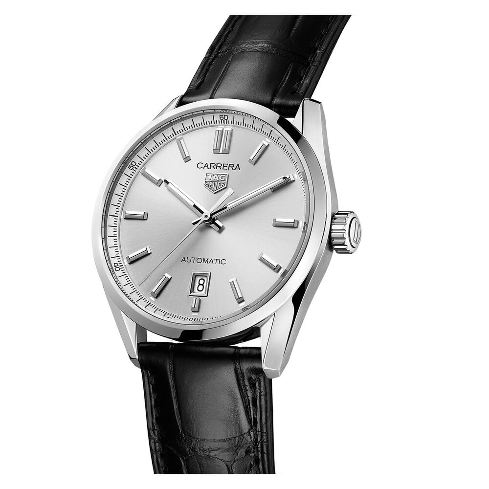 TAG Heuer Carrera Date Automatic 39mm Silver Dial Steel Case Black Alligator Leather Strap Watch image number 4
