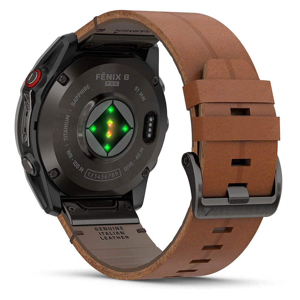 Garmin fenix 8 Pro AMOLED 51mm Carbon Grey DLC Titanium Case Brown Leather Strap Watch