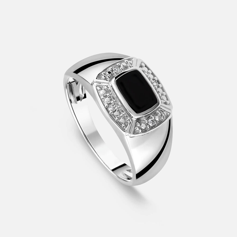 Sterling Silver Square Onyx 0.02ct Lab Grown Diamond Frame Signet Ring