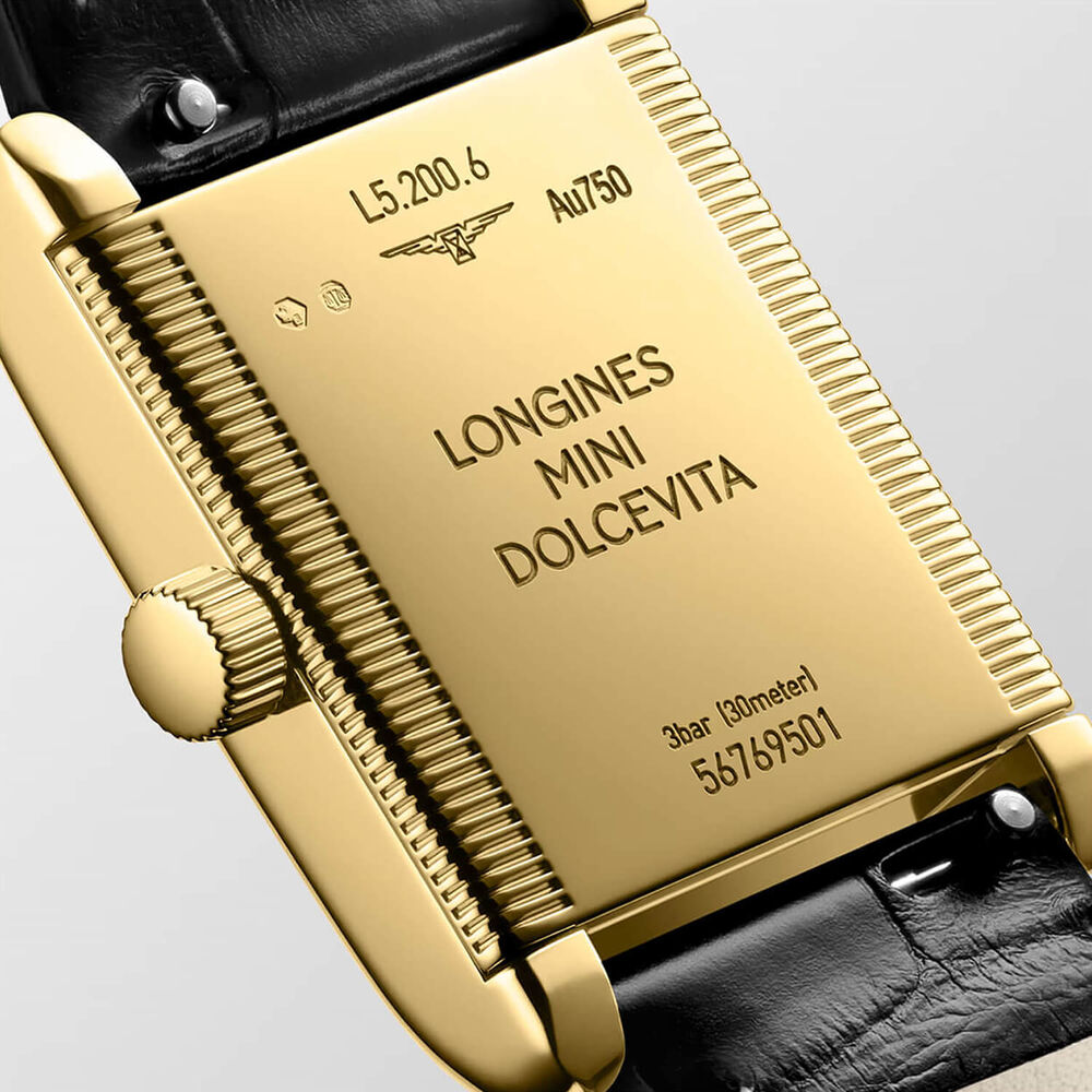 Longines MiniDolcevita 21.5x29mm Silver Dial 18k Yellow Gold Case Black Leather Strap Watch image number 2
