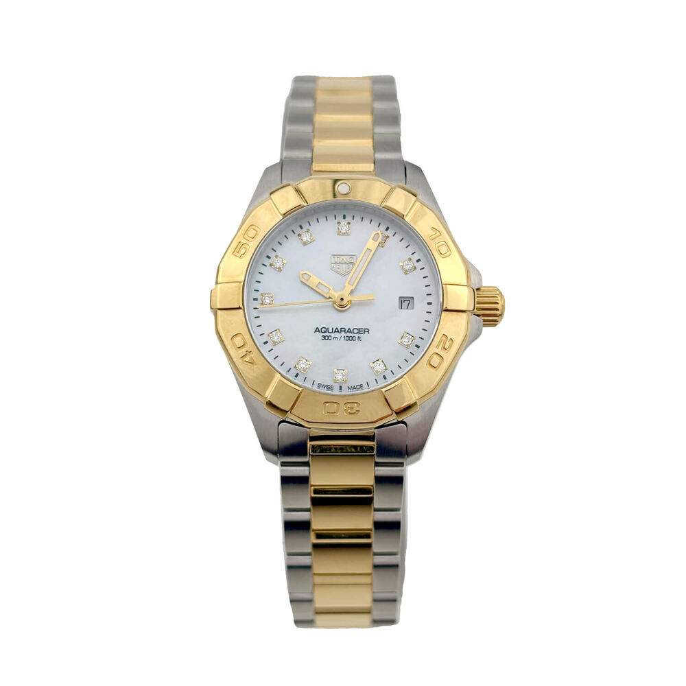 Pre-Owned TAG Heuer Aquaracer Date 27mm MOP Dial Diamond Dots 18k Gold & Steel Bracelet Watch image number 0