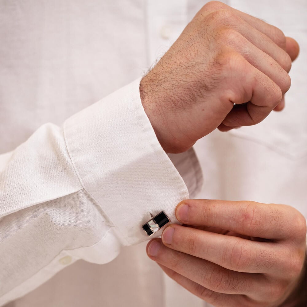 Gents Sterling Silver Onyx & Mother of Pearl Cufflinks image number 4