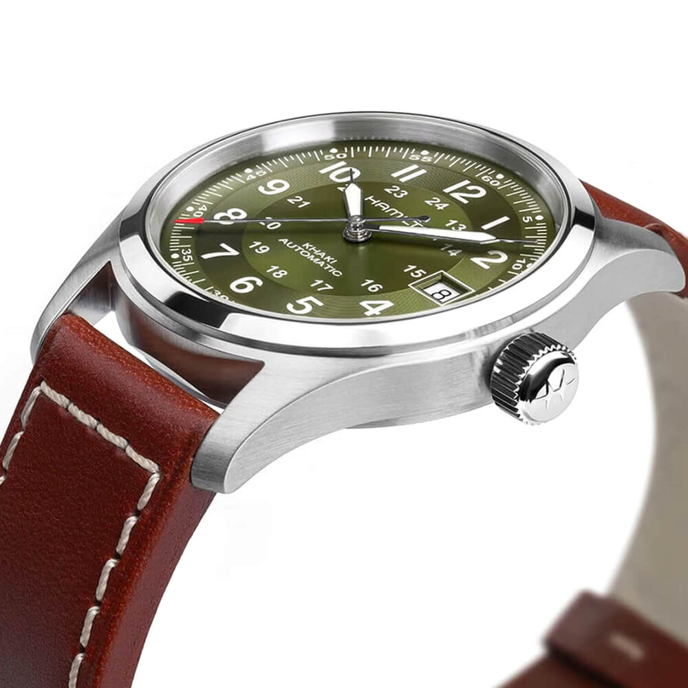 Hamilton Khaki Field 38mm Green Dial Brown Leather Strap Watch image number 2