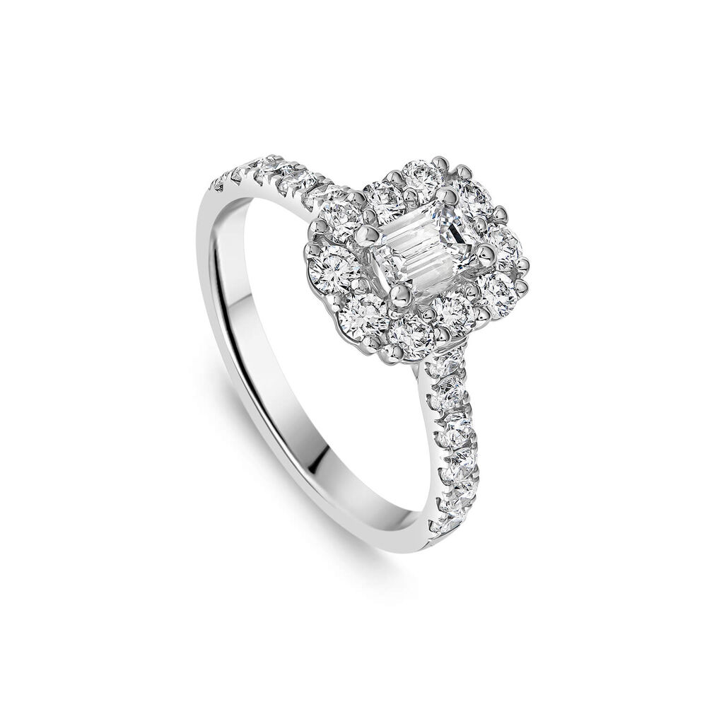 Platinum 1.12ct Emerald Cut Centre Diamond Halo & Shoulders Engagement Ring image number 0