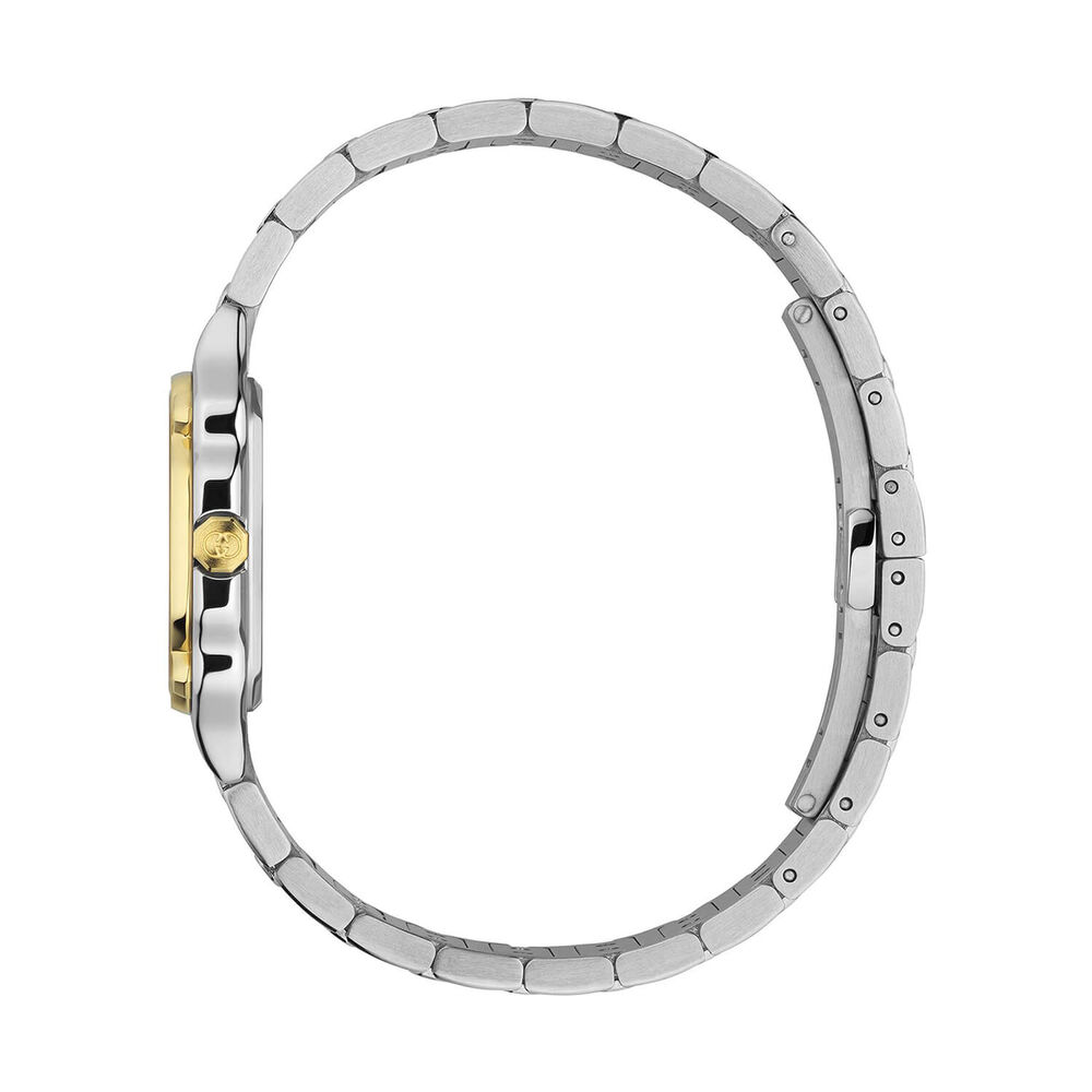 Gucci G-Flat 24mm Silver Dial Diamond Dots Gold Details Steel Bracelet Watch