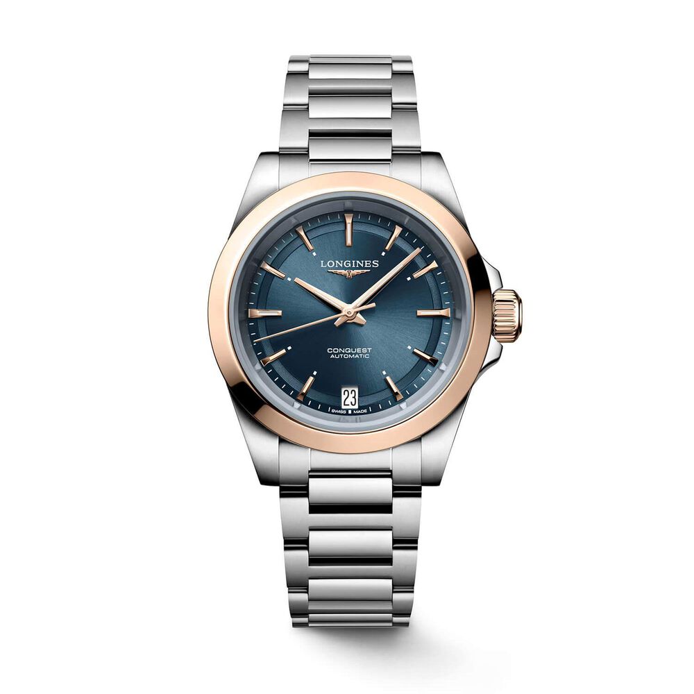 Longines Conquest 34mm Blue Dial Rose Gold Bezel Steel Bracelet Watch image number 0
