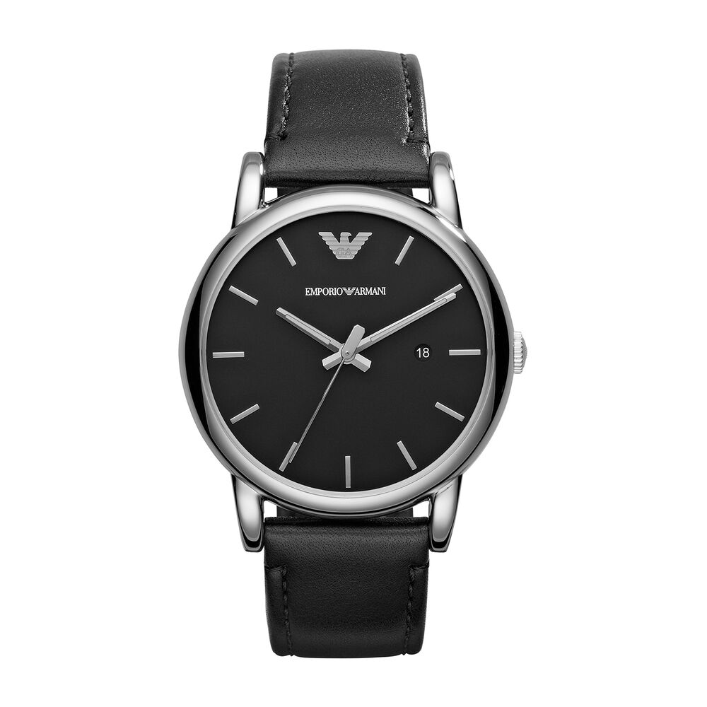 Emporio Armani men's black dial leather strap watch