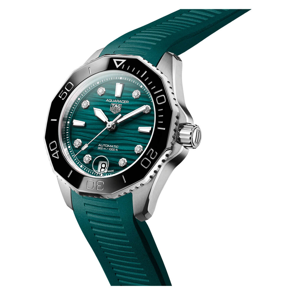 TAG  Heuer Aquaracer Professional 300 Date 36mm Green Dial Diamond Dots Rubber Strap Watch image number 1