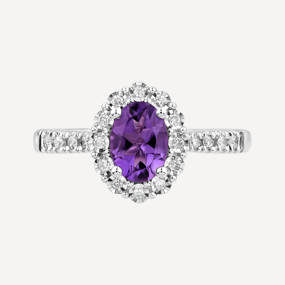 9ct White Gold Oval Amethyst 0.013ct Cluster Diamond Shoulders Ring image number 1