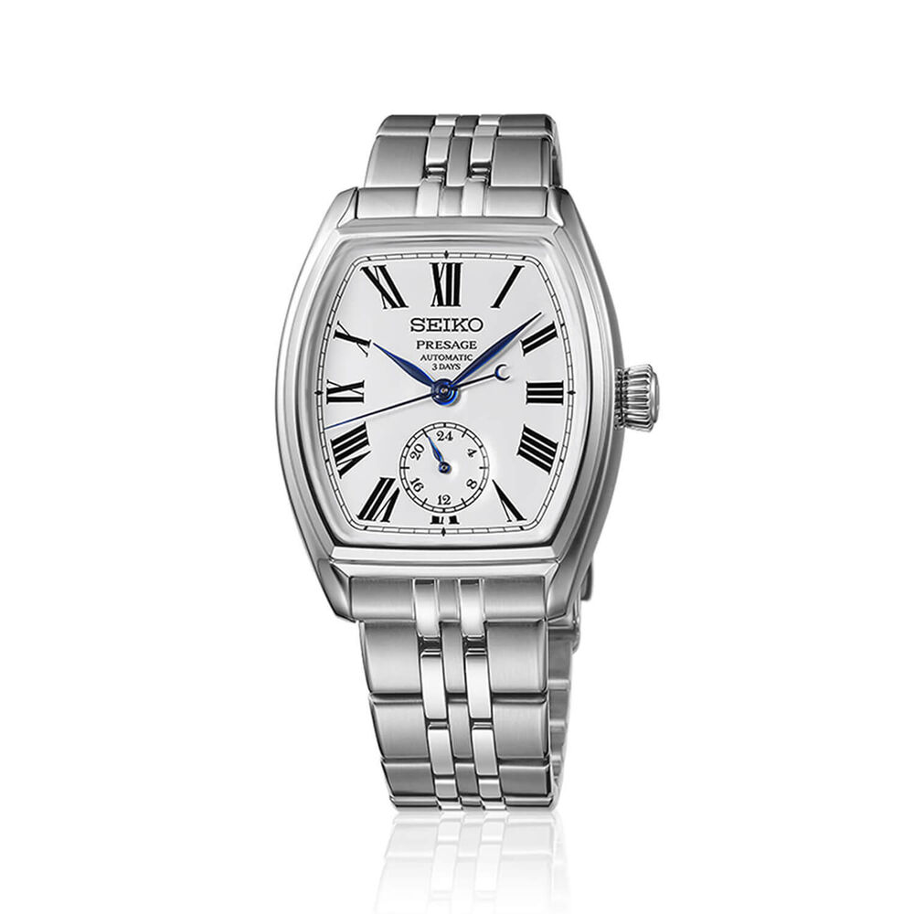 Seiko Presage Classic Series Enamel &lsquo;Tonneau&rsquo; 36mm White Dial Steel Bracelet Watch