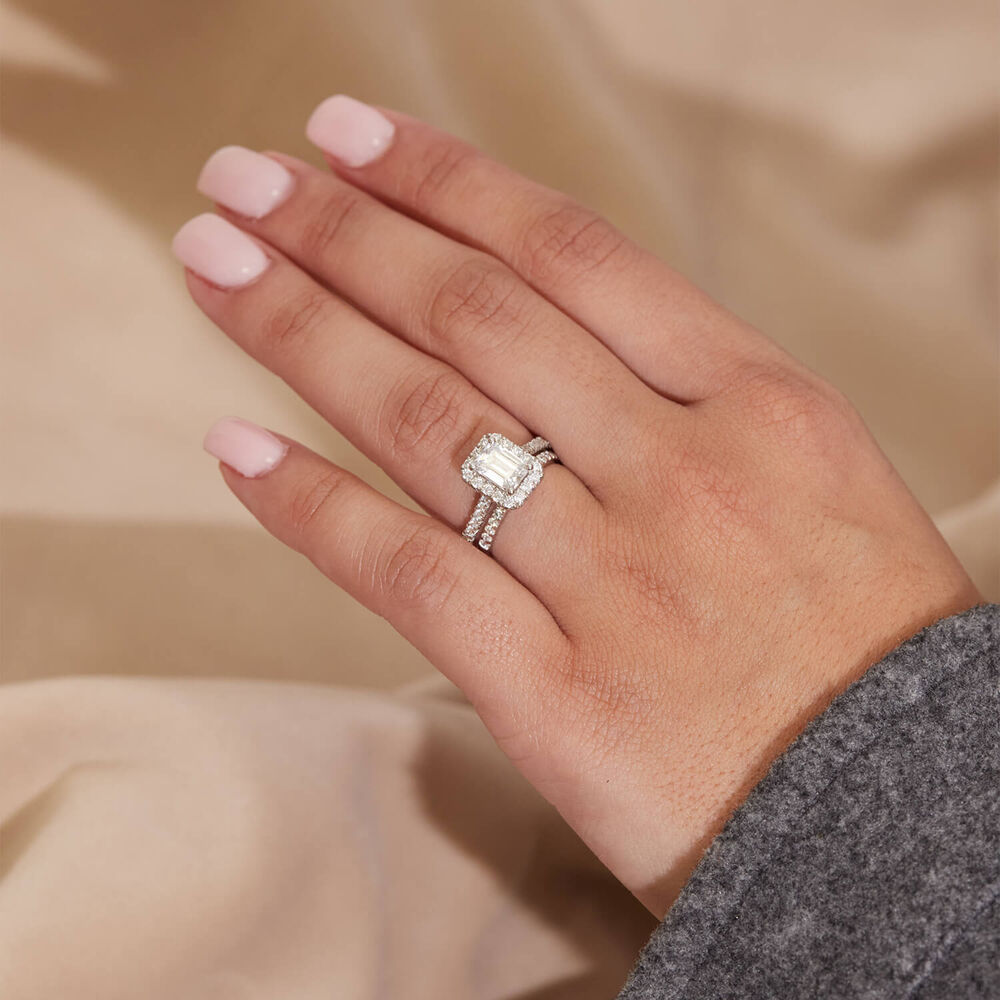 Born Platinum Lab Grown 1.40ct Emerald Cut Diamond Halo & Sides Ring image number 6