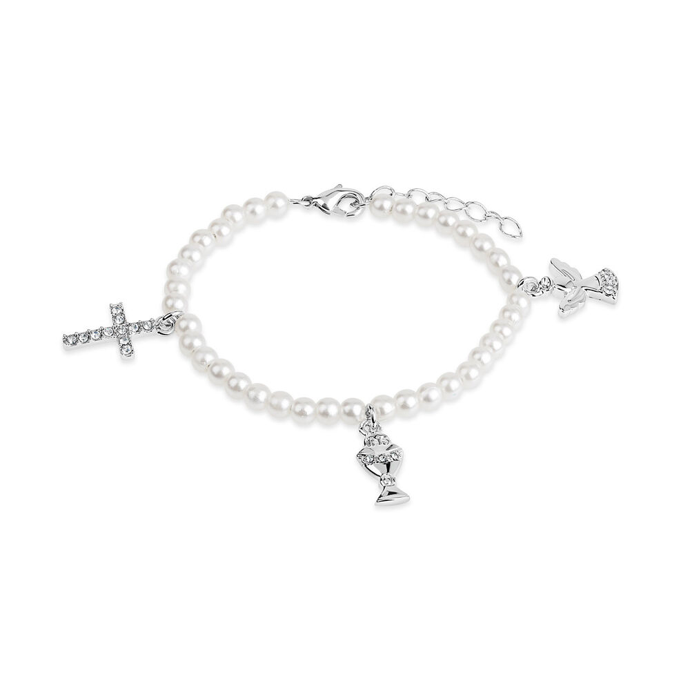 Silver Plated Pearl & Crystal Communion Charm Bracelet