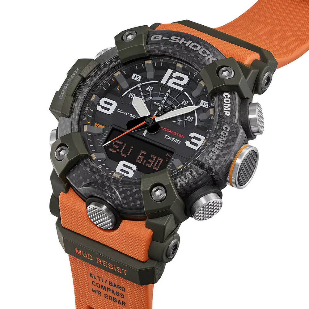 G-SHOCK Master of G Mudmaster 55.4mm Carbon Fibre Bezel & Orange Resin Strap Watch